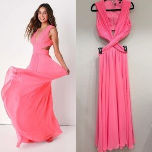 NWOT Lulus Vivid Imagination Neon Pink Cutout Maxi Dress